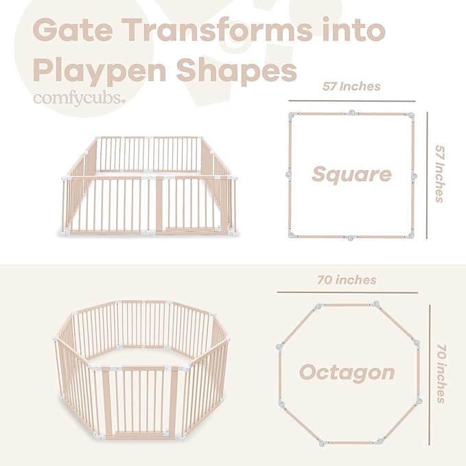 Comfy Cubs Baby Gate Playpen - 57 x 57 x 25 in, Extends Up to 228” - Pine Wood Foldable Playpen with Child-Proof Lock - Easy Assembly Baby Fence Play Area for Babies & Toddlers - Blush