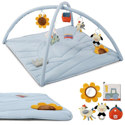 Beautiful Baby Play Gym and Tummy Time Mat - Soft Mat with 5 Farm Toys Creates The Perfect Activity Area for Your Girl/Boy - Stylish Infant Floor Playmat Fits Nicely with Any Playroom Decor
