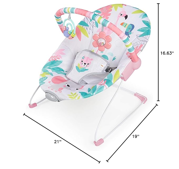 Bright Starts Baby Bouncer Soothing Vibrations Infant Seat - Removable-Toy Bar, Nonslip Feet, 0-6 Months Up to 20 lbs (Flamingo Vibes, Pink)