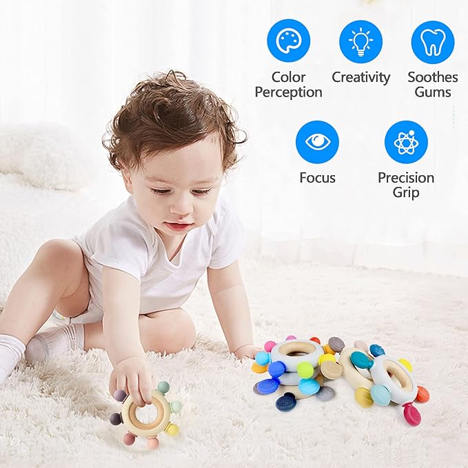 Baby Teething Toys Silicone Teethers BPA Free Silicone Rudder with Wooden Ring Soothe Babies Gums (8 Directions - Gray)