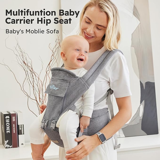 Bear Baby Carrier, 6-in-1 Baby Carrier Newborn to Toddler with Hip Seat (Ergonomic M Position) for 3-36 Month/ 7-44lbs Baby, Adjustable Size for Enhanced Lumbar Support, Perfect for On-The-go
