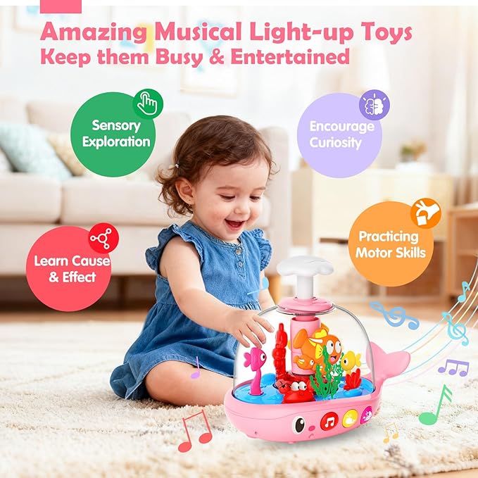 Baby Girl Toys 6-12 Months - Press & Spin Aquarium Light Up Musical Toy for Infant Toy 9-12-18 Months - Bilingual Learning Toddler Toys for 1 2 3 Year Old Boy Girl (Pink)