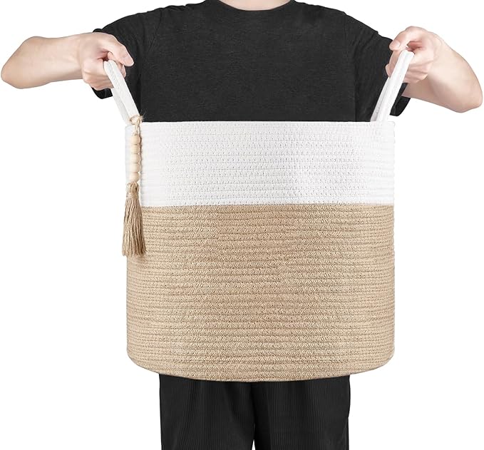 Mkono Woven Storage Basket Decorative Natural Rope Basket Wooden Bead Decoration for Blankets,Toys,Clothes,Shoes,Plant Organizer Bin with Handles Living Room Home, 16" Wx13.8 L, Cream White and Brown