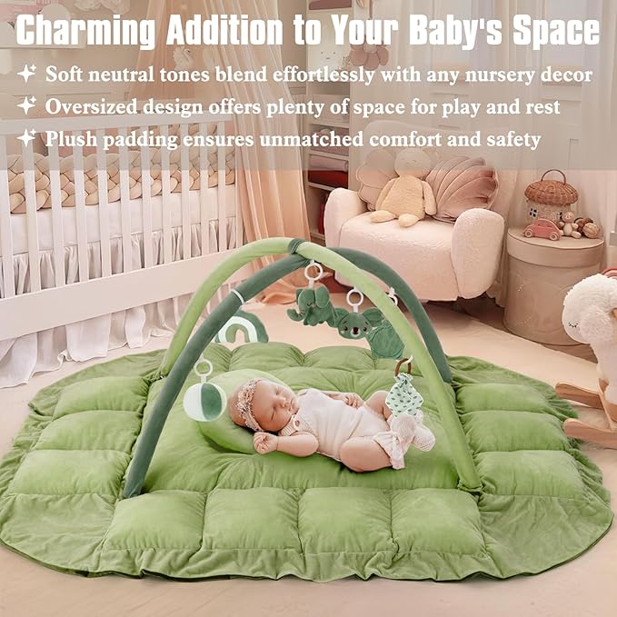 5-in-1 Plush Baby Play Gym, Baby Play Mats, Convertible Baby Gym with Pillow, Tummy time mat, 6 Sensory Toys, Baby Activity Center from Newborn to Toddler, Pet Bed, Cat & Dog Bed, Ball Pit, Green