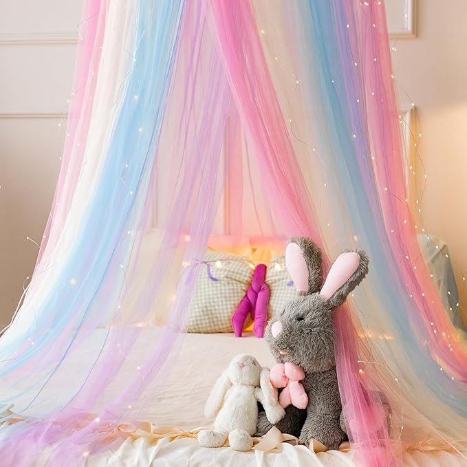 Rainbow Bed Canopy with Warm Fairy Lights,X-Large Princess Canopy Hanging Netting for Girls Bedroom Decor,Kids Fairy Dream Play Tent for Room,Reading Corner