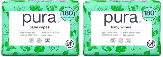 Pura Baby Wipes 3 x 60 per pack (180 Wipes) 100% Plastic-Free & Plant Based Wipes, 99% Water, Suitable for Sensitive & Eczema-prone Skin, Fragrance Free & Hypoallergenic, EWG, Cruelty Free (Pack of 2)