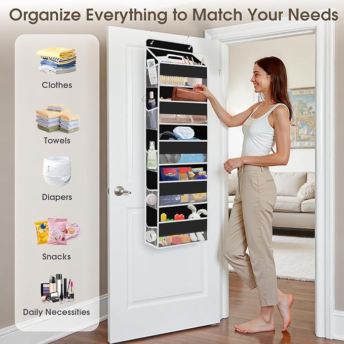 2 Pack Over The Door Organizer, Hanging Storage Organizer with Clear Window, 40lb Ultra Sturdy Large Capacity Room Organizer for Pantry Laundry Bathroom Nursery Closet (Black)