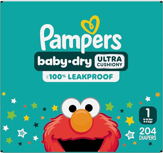 Pampers Diapers - Baby Dry - Size 1, 204 Count, Absorbent Disposable Infant Diaper (Packaging May Vary)