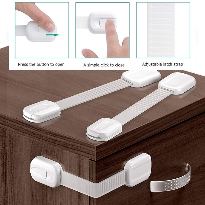 16 Pack Vmaisi Multi-Use Adhesive Straps Locks - Childproofing Baby Proofing Cabinet Latches for Drawers, Fridge, Dishwasher, Toilet Seat, Cupboard, Oven,Trash Can, No Drilling (White) (16)