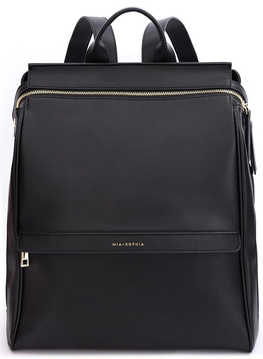 MIA + SOPHIA Leather Diaper Bag Backpack with USB Charging port, Changing Pad, Stroller Straps, and Bottle Holder (Black Sophia)
