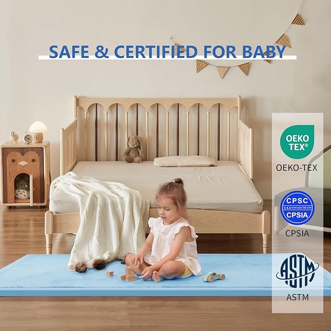 Baby Play Mat for Floor,1.3" Thick Memory Foam Tummy Time Mat,Soft Coral Velvet Nursery Rug,Extra Large Non Slip Crawling for Toddlers,Infants,Kids,Yoga Mat for Living Room(Light Blue)