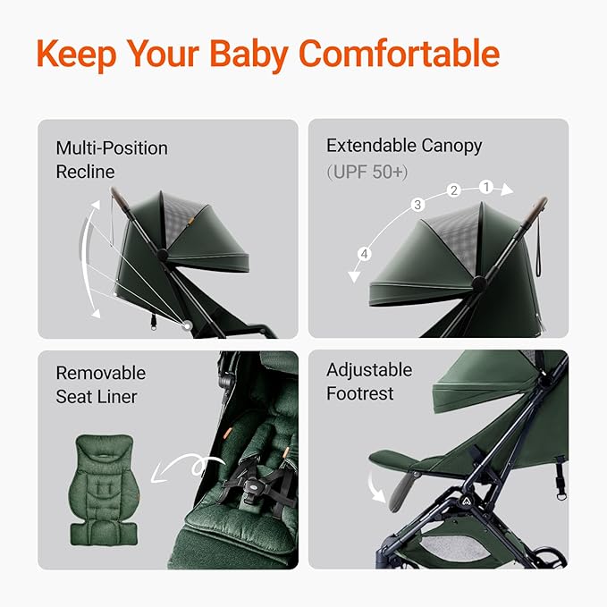 Lightweight Baby Travel Stroller with Carbon Fiber Frame, Compact & Airplane-Friendly, One-Handed Folding Design, 11.6 lbs, Perfect for Toddlers, Organizer & Cushion Included, Green