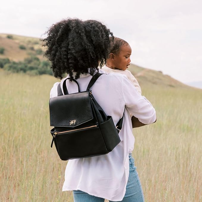 Freshly Picked Mini Classic Diaper Bag Backpack, Wipeable Vegan Leather Black, 8 Pockets Total (Ebony)