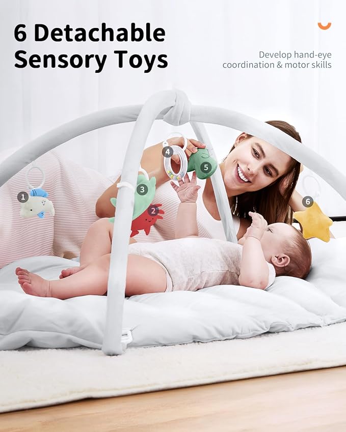 ANGELBLISS Baby Play Gym Mat, Reversible Tummy Time Mat with 6 Sensory Toys for Stage-Based Developmental, Thick & Large Baby Activity Center from Newborn to Toddler (Grey)