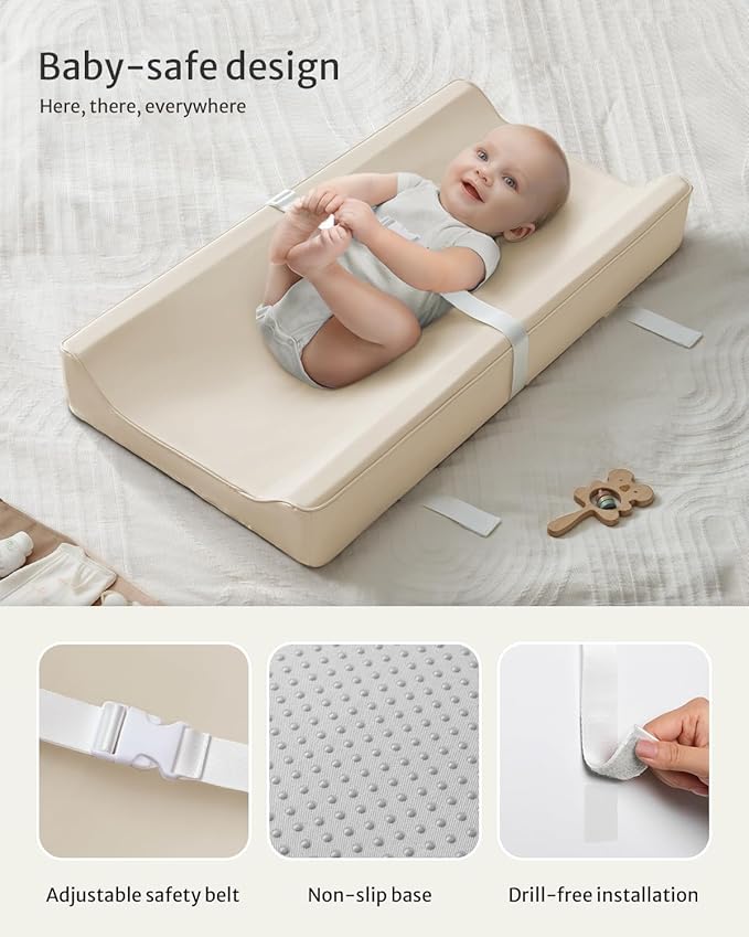 Blissful Diary Vegan Leather Baby Changing Pad with Waterproof & Wipe-Clean PU Cover, Standard Size Cozy Diaper Changing Pad for Dresser and Table, Beige