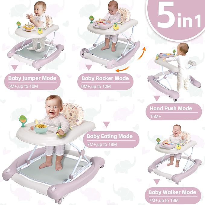 Foldable Baby 5-in-1 Activity Walker - Rocker, Activity Center, Bouncer, Seat Walker, Push Walker - Adjustable Speed Rear Wheels and Height Toys Ages 6-18 Months… (Purple)