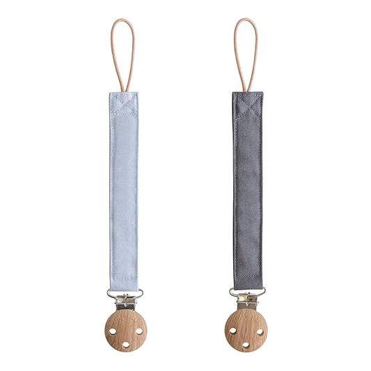 mushie Linen Baby Pacifier Clip Holder | Soft Fabric Strap, 2-Pack (Powder Blue/Deep Sea)