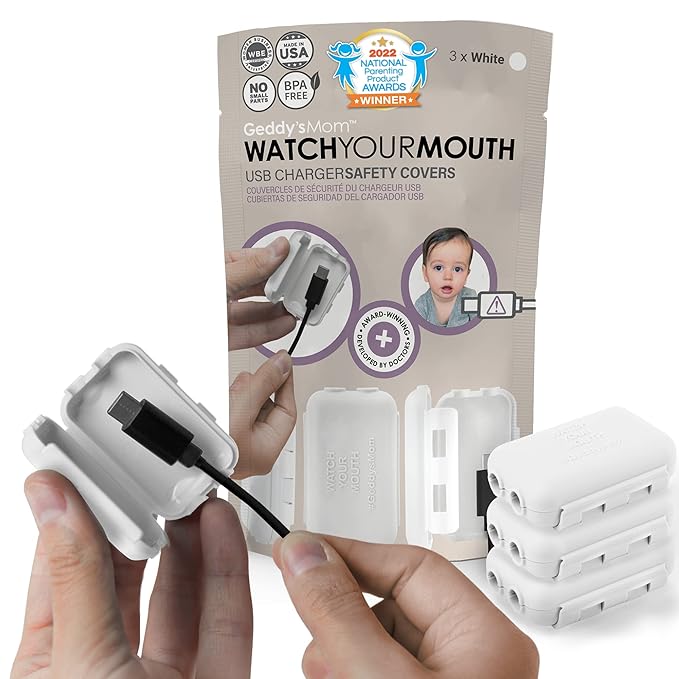 Geddy´s Mom Watch Your Mouth USB Charger Protector Award-Winning Baby Proof Cord Protector| BPA & Phthalate-Free Charger Protector | Electrical Safety Baby Products (3-Pack, White)