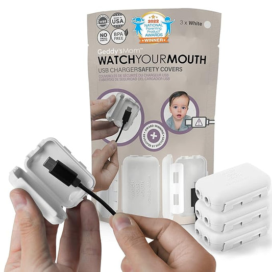 Geddy´s Mom Watch Your Mouth USB Charger Protector Award-Winning Baby Proof Cord Protector| BPA & Phthalate-Free Charger Protector | Electrical Safety Baby Products (3-Pack, White)