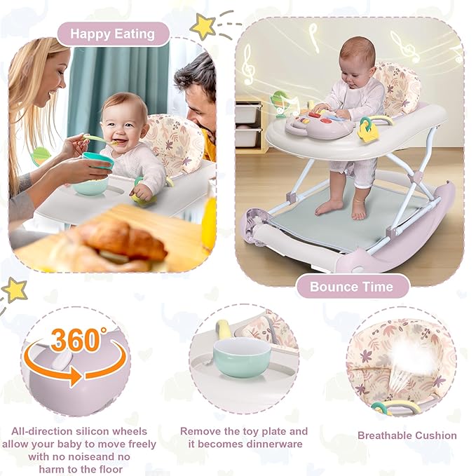 Foldable Baby 5-in-1 Activity Walker - Rocker, Activity Center, Bouncer, Seat Walker, Push Walker - Adjustable Speed Rear Wheels and Height Toys Ages 6-18 Months… (Purple)