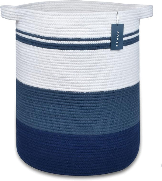 COMSE Extra Large Blanket Basket, Tall Laundry Basket, Nursery Hamper, 15.7”x 21.7”, Cotton Rope Woven Laundry Hamper for Storage Toys Clothes Towels, Gradient Blue