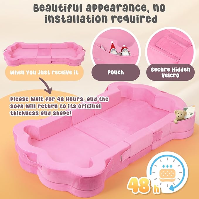 Foldable Portable Toddler Travel Bed,Toddler Floor Bed with Washable Cover for Kids,Soft and Safe (Pink)