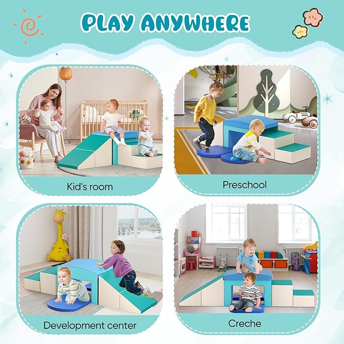 Lischwert Soft Foam Climber Play Set with Slide, Stairs, Ramp - Indoor Climbing Toys for Toddlers, 6 Pieces (Light Blue)