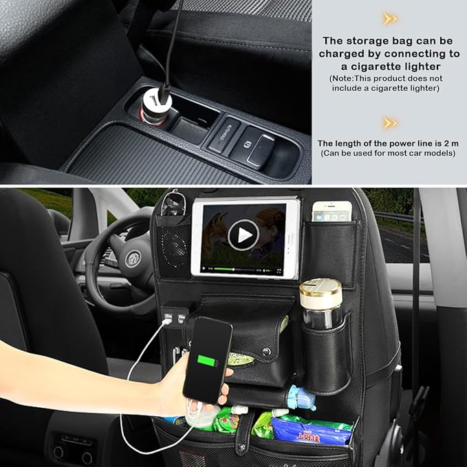 Popular Items Car Seat Back Pocket, Rear Seat Storage, Stain Proof, Car Storage Pocket, Seat Back Pocket, Premium Waterproof PU Car Seat Back Organizer（Black with USB）
