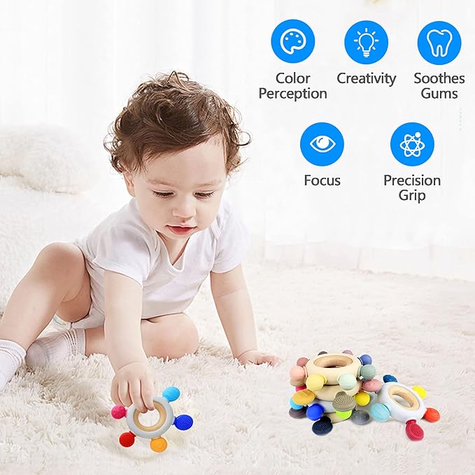Baby Teething Toys Silicone Teethers BPA Free Silicone Rudder with Wooden Ring Soothe Babies Gums (Ocean)