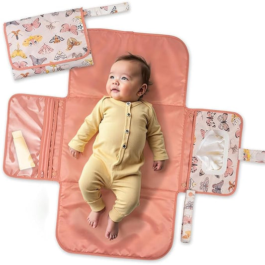 Tiny Twinkle Portable Diaper Changing Pad – Foldable, Waterproof & Compact Travel Changing Mat with Storage | Smart Wipes Pocket for On-The-Go Parents(Flutter)