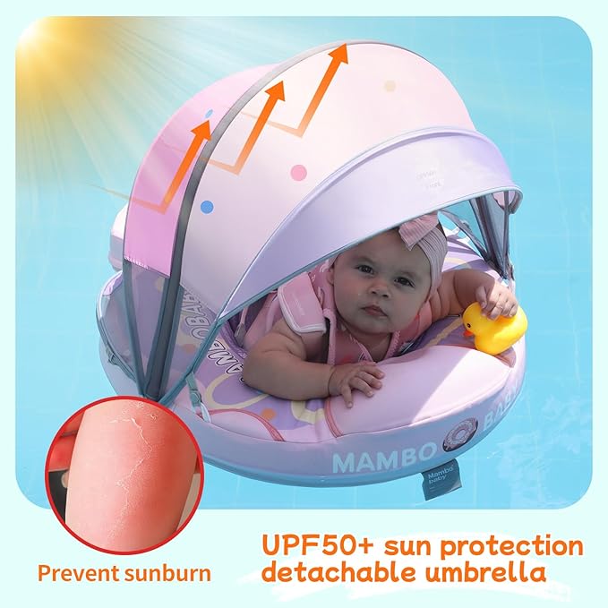 Mambobaby Float with Canopy and Tail New Upgraded Non-Inflatable Baby Pool Float Mambo Float Swim Trainer Solid Infant Swim Float Adjustable Pearl Foam Baby Swim Ring