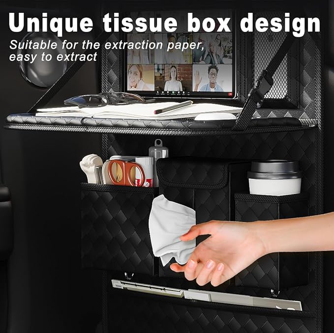 Car Seat Organizers,Multi-functional Back Seat Protectors, Storage Pouches, and Tray Holders (for Cars, Kids, Seat Back and Rear Seats) (Woven Black, 1 Pcs)