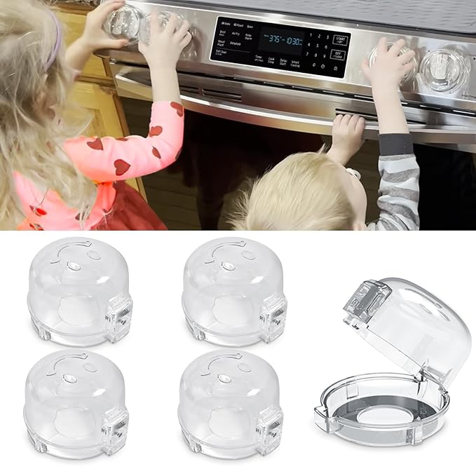 Oven Knob Covers for Child Safety 5 Pack, Clear Stove Knob Safety Covers & Gas Stove Locks, Heat-Resistant Adhesive, Double-Key Baby Proof Covers for Gas/Electric Burners,Childproof Protector for Kids