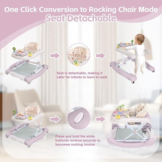 Foldable Baby 5-in-1 Activity Walker - Rocker, Activity Center, Bouncer, Seat Walker, Push Walker - Adjustable Speed Rear Wheels and Height Toys Ages 6-18 Months… (Purple)