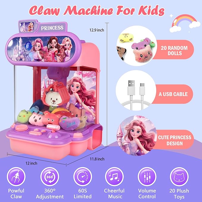 Claw Machine for Kids,Mini Vending Machines Girls Princess Toys,Candy Grabber Prize Dispenser Girl Toys, Electronic Arcade Game with 20 Mini Plush Toy for Party Easter Birthday Gifts (Princess-B)