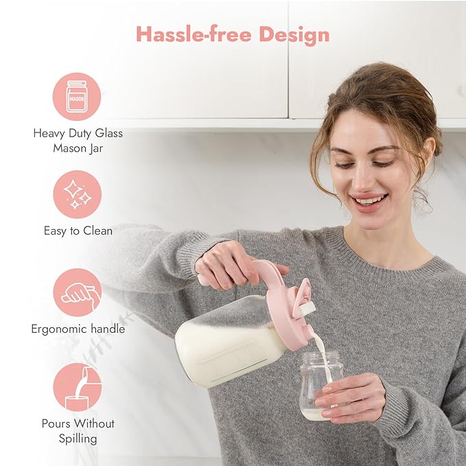 Papablic Glass Breastmilk Pitcher, Formula Mixing Pitcher with Mixing Handle Lid, Wide Mouth Mason Jar Mixer with Flip Locking Spout, Easy to Clean, BPA Free, Pink