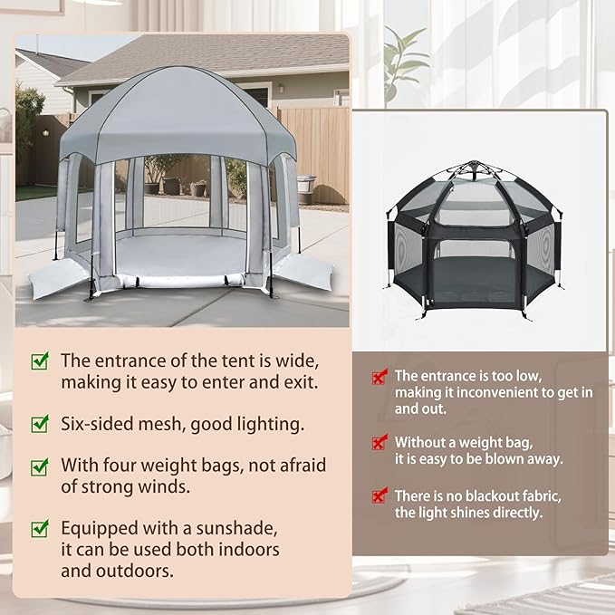 Baby Playpen with Canopy, Portable Baby Beach Tent, Toddler Play Yard Indoor and Outdoor, Foldable Mosquito Net for Infant - Grey