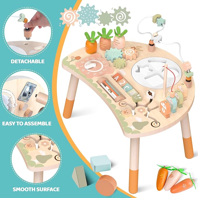 Activity Table for 1+ Year Old, 9-in-1 Montessori Wooden Sensory Play Table with Shape Sorter Fishing Game Bead Maze, Baby Activity Center Learning Toys for Toddler 12-18 Months