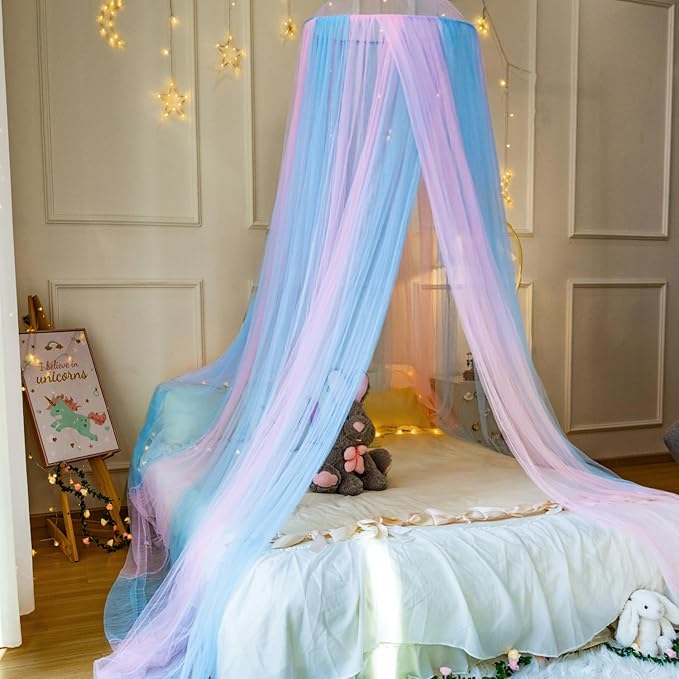 Pink Blue Bed Canopy for Girls,Princess Hanging Netting for Kids Bed Room Decor Mosquito Net for Baby Crib, Twin to King Size Bed ﻿
