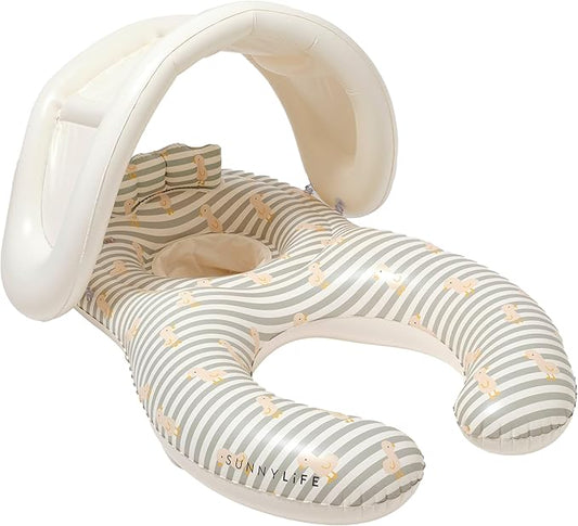 SUNNYLiFE Baby Pool Float with Canopy 24-33lbs - Infant Float with Removable Shade Canopy, Baby Swim Float with Head Rest & Leg Support | Duck Sage Stripe