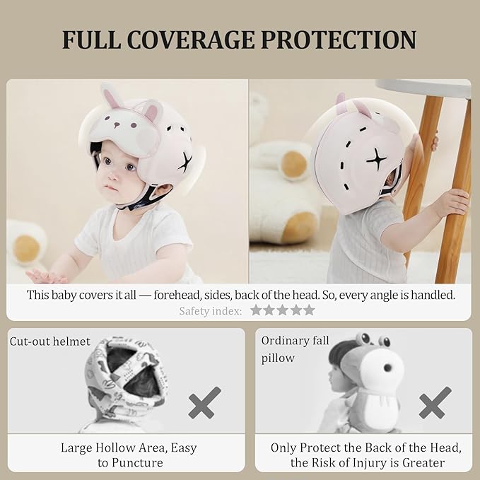Baby Head Protector Baby Helmet for Crawling and Walking - No Bumps and Soft Safety Peak - Ultralight and Adjustable Baby Head Protector Suitable for Babies 6-24 Months-Rabbit
