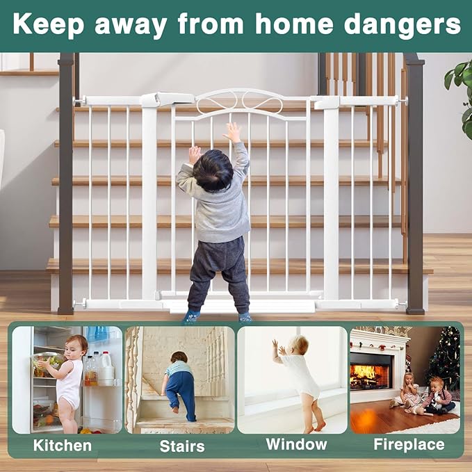Fairy Baby 29.5"-40.5" Extra Wide Baby Gate, Metal Child Safety Gate for Kids Or Pets, Long Dog Gates Indoor No Drill for House Doorway, Pressure Mounted Easy Walk Through Pet Gate with Door, White