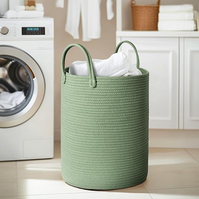 Large Green Laundry Basket, 15"x18" Tall Woven Cotton Rope Bin for Blankets Clothes, Baby Nursery Laundry Hamper, Kids Toy Storage Bin, Green Living Room Bedroom Decor Baskets for Organizing