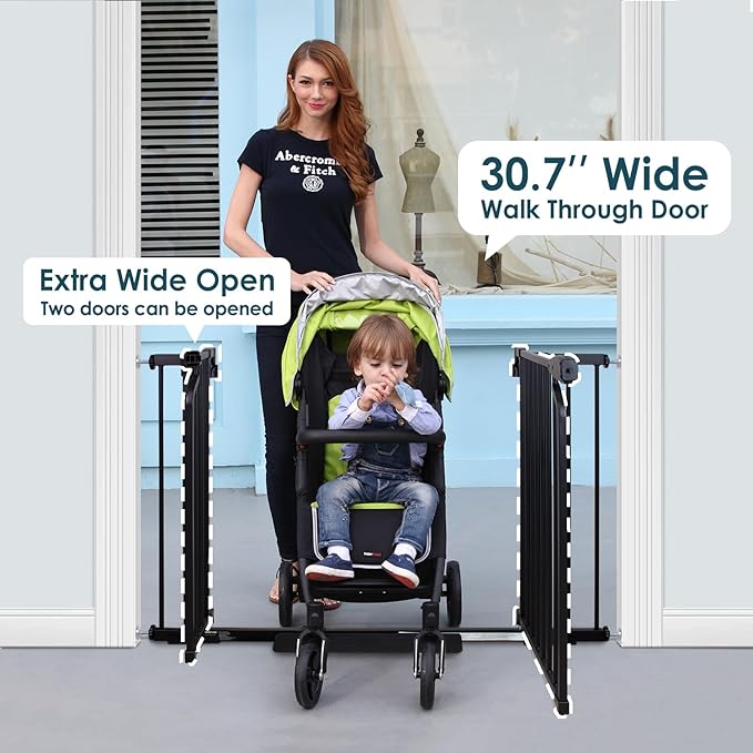 Beberoad Love Double Door Baby Gate for Stairs and Doorways, Pressure Mounted Dog Pet Gate, Extra Wide 37.4"-48.26" Auto-Close Walk Thru Baby Pet Safety Gate, Includes 2-Pack Extension Kit No Drilling