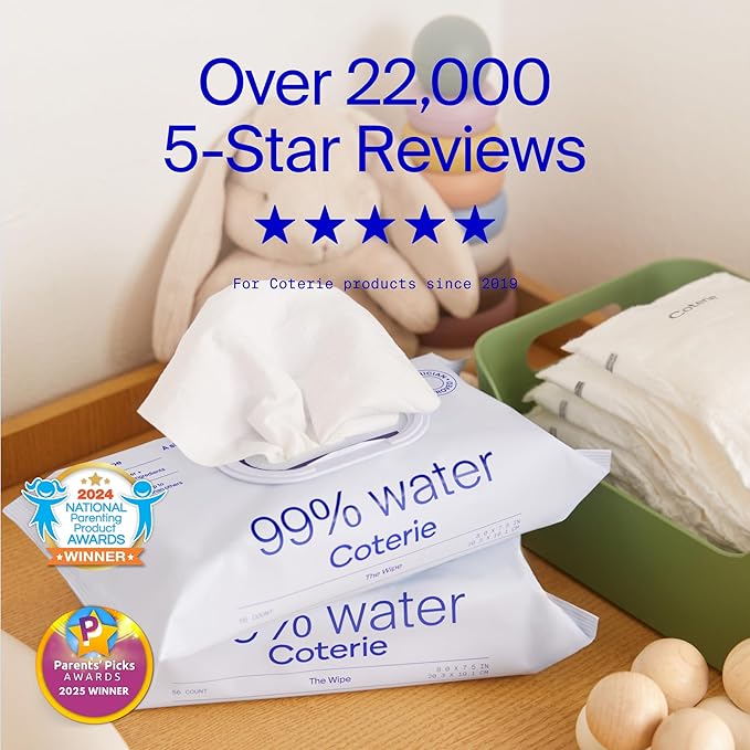 Coterie Baby Wipes for Sensitive Skin, Plant-Based & Plastic-Free Fibers, 99% Water, Hypoallergenic, pH Balanced, Unscented, Clean and Gentle Baby Essentials, 4 Standard Packs and 8 Travel Size Packs