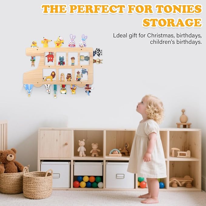 RZYLKA Car for Tonies Box Organizer Storage Shelf Wall Mounted, Pinewood Magnetic Floating Shelves for Toniebox, Tonies Characters, Display Collection 15~25 Characters