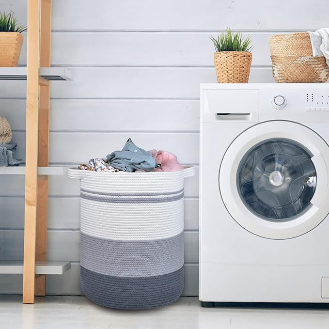COMSE Extra Large Blanket Basket, Tall Laundry Basket, Nursery Hamper, 15.7”x 21.7”, Cotton Rope Woven Laundry Hamper for Storage Toys Clothes Towels, Gradient Gray
