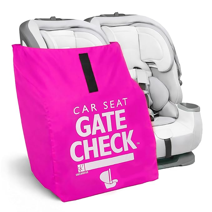 J.L. Childress Gate Check Travel Bag for Car Seats - Car Seat Travel Bag for Airplane, Includes AIRTAG Holder, Fits All Baby Car Infant Carriers & Child Booster Seats - Neon Pink