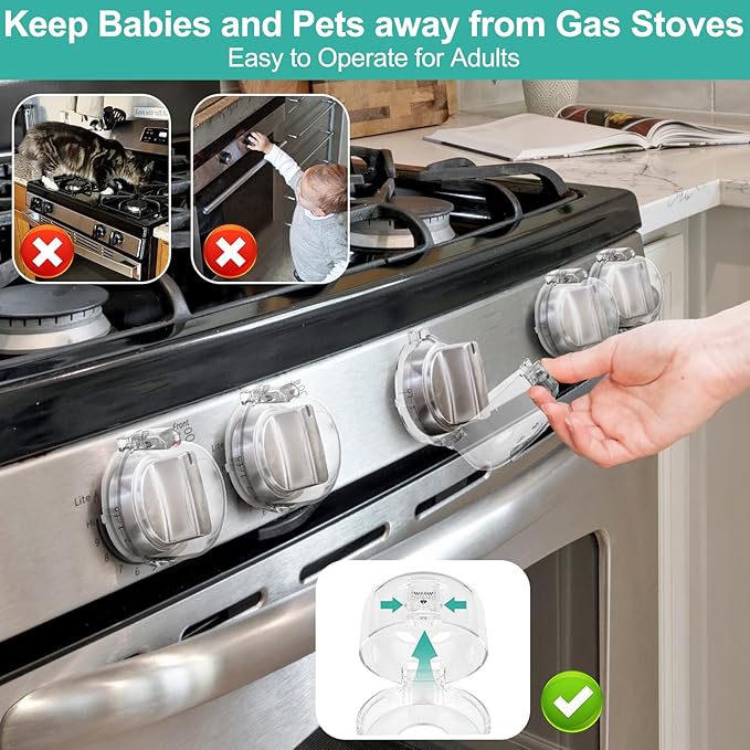 GRENFU Stove Knob Safety Covers (5 + 1 Pack) - Double-Key, Universal Size Gas Stove Knob Locks with Strong Double-Sided Tape, Heat-Resistant Oven Knob Covers for Child Safety/Pet Safety, Clear View