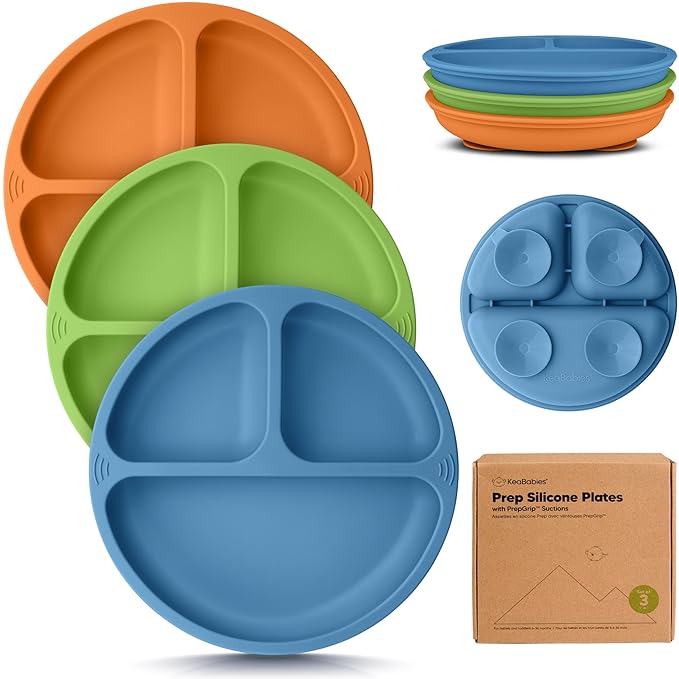 KeaBabies Suction Plates for Baby, Toddler - 3-Pack 100% Silicone Toddler Plates with Suction, Divided, BPA-Free Baby Led Weaning Essentials for Kids, Dishwasher, Microwave Safe, Durable (Kea)